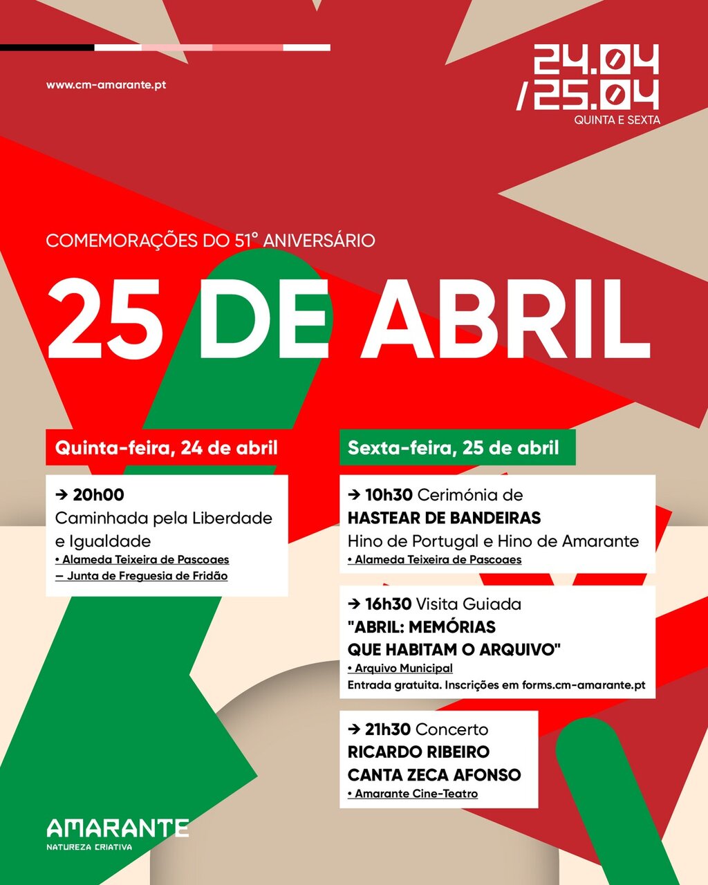 Comemorações do 51º Aniversário do 25 de abril com várias atividades - Amarante